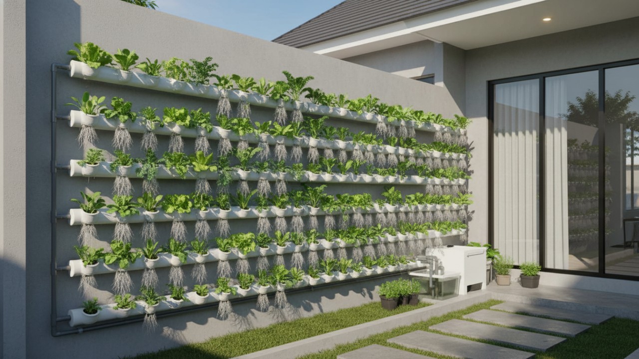 Pagar rumah minimalis dengan modul tanam vertikal rapi.