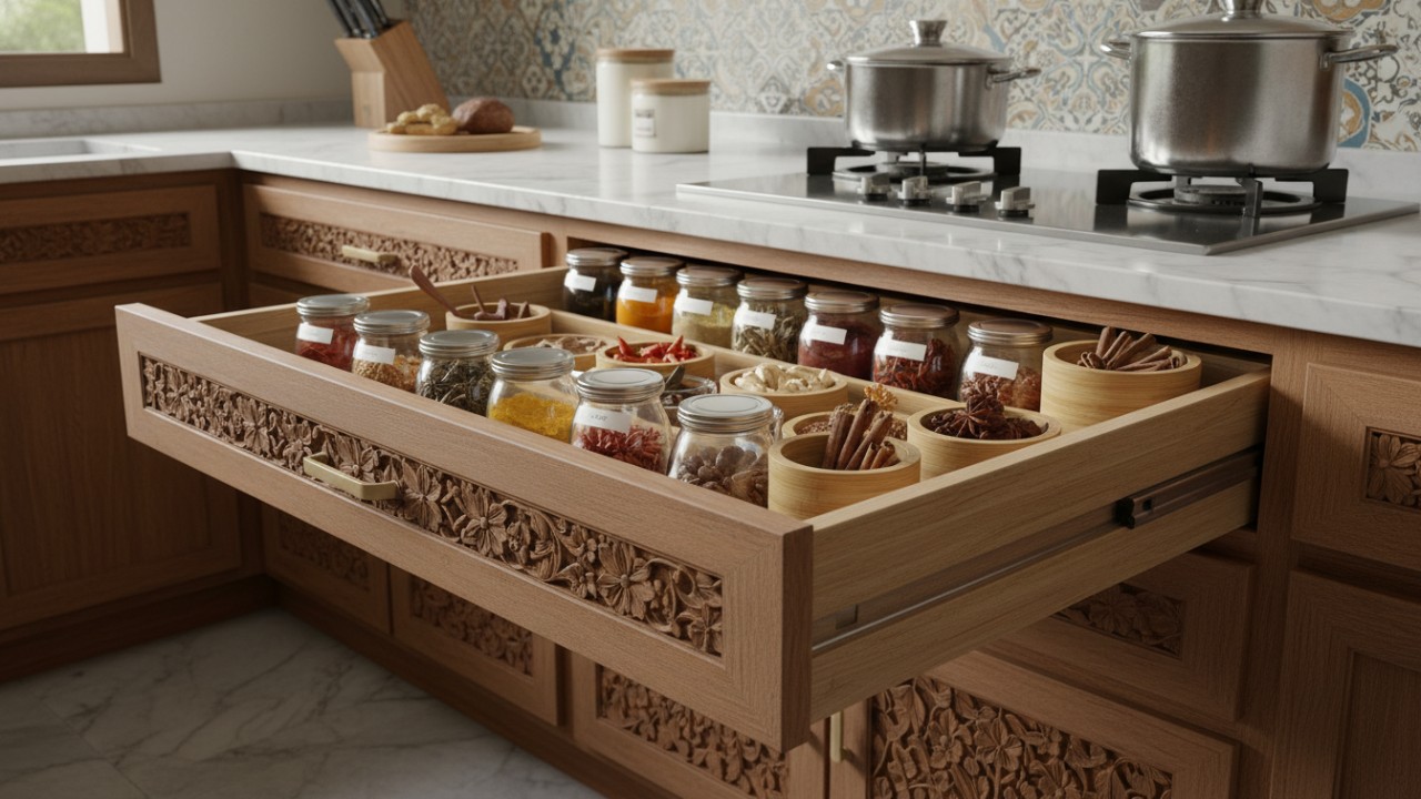 Laci khusus bumbu dengan organizer membuat dapur terlihat tertata.
