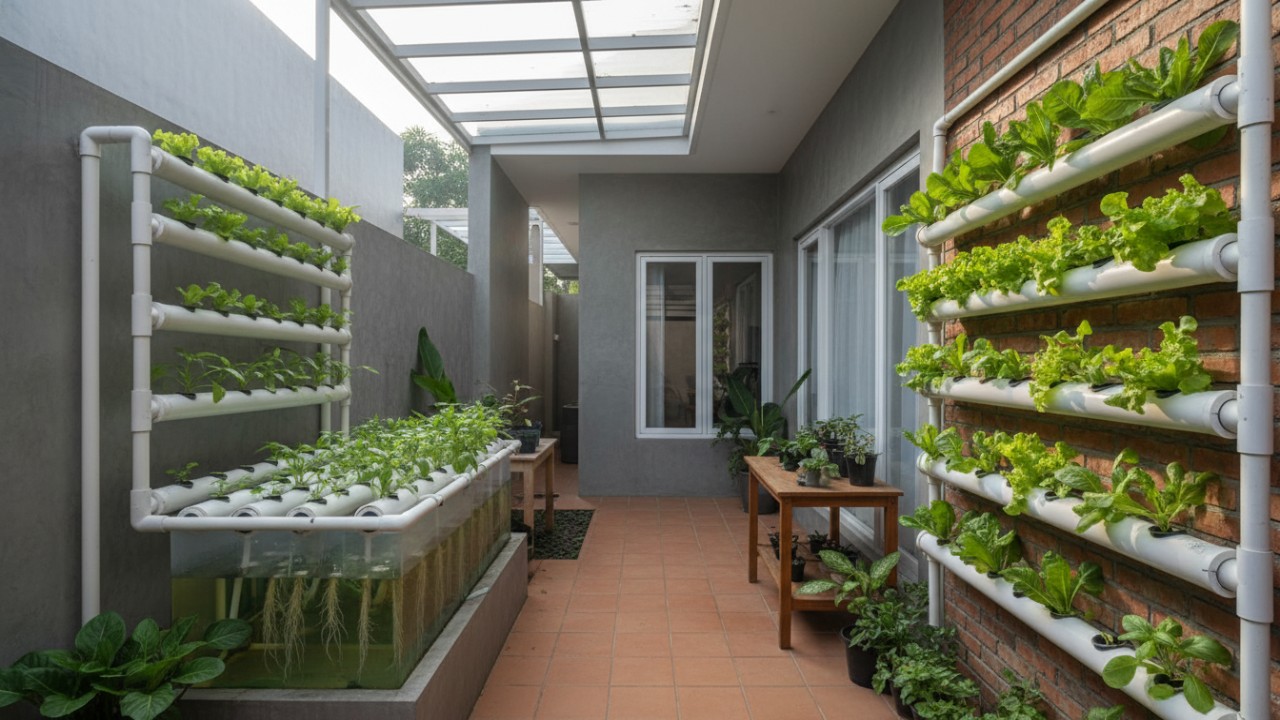 halaman kecil samping rumah minimalis dengan instalasi hidroponik.
