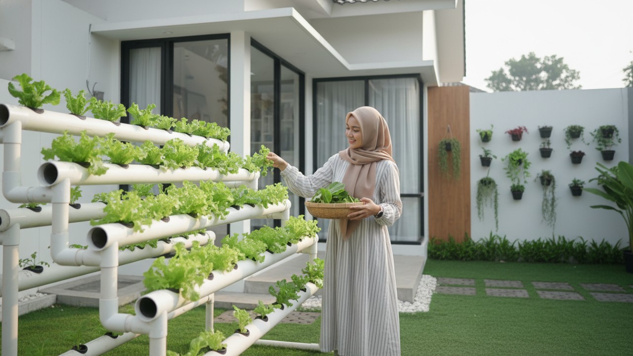 Sistem hidroponik sederhana di halaman rumah minimalis perkotaan yang rapi dan produktif.