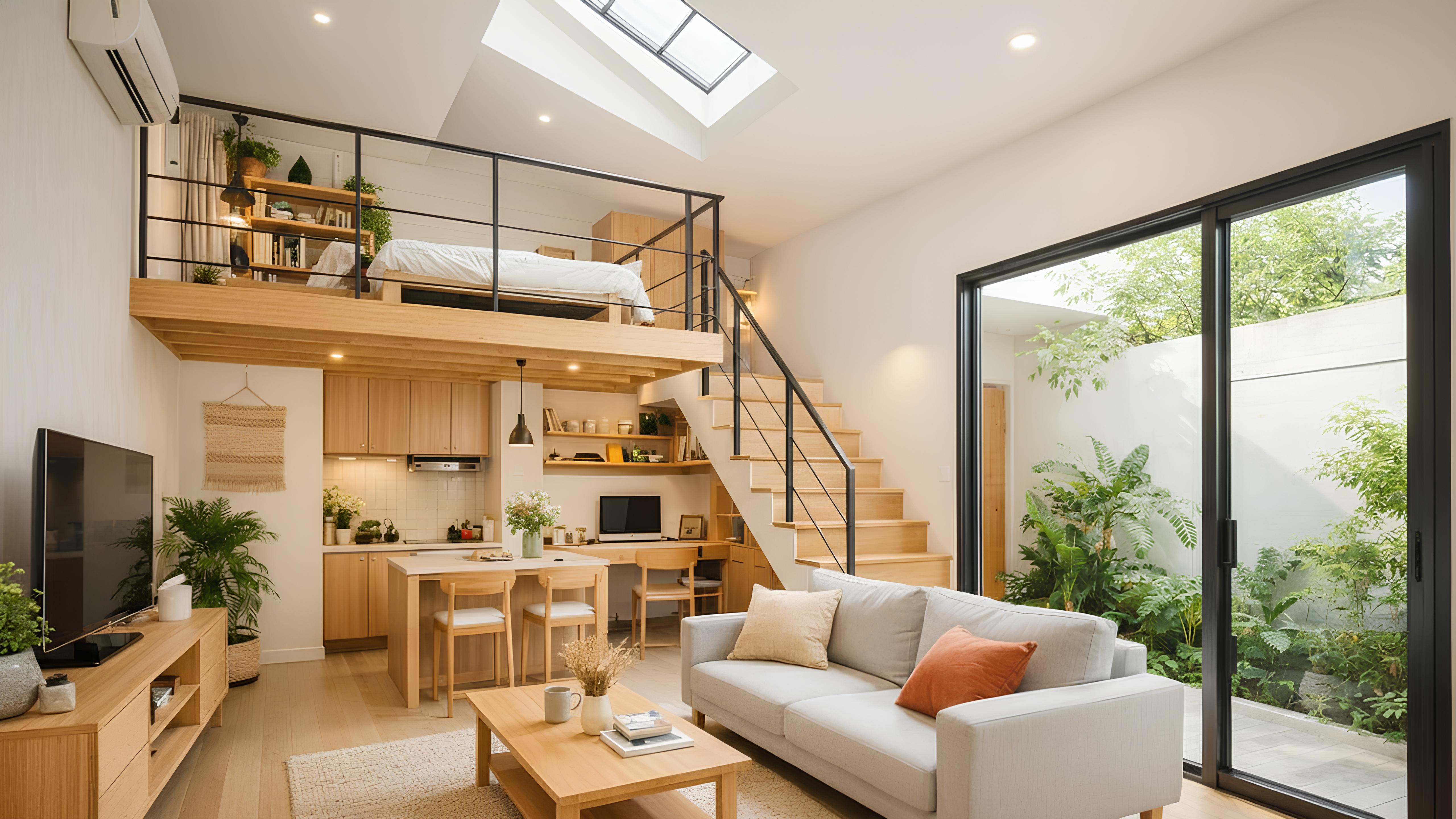 Rumah minimalis mezzanine yang menyatu dengan ruang utama dan cahaya alami.