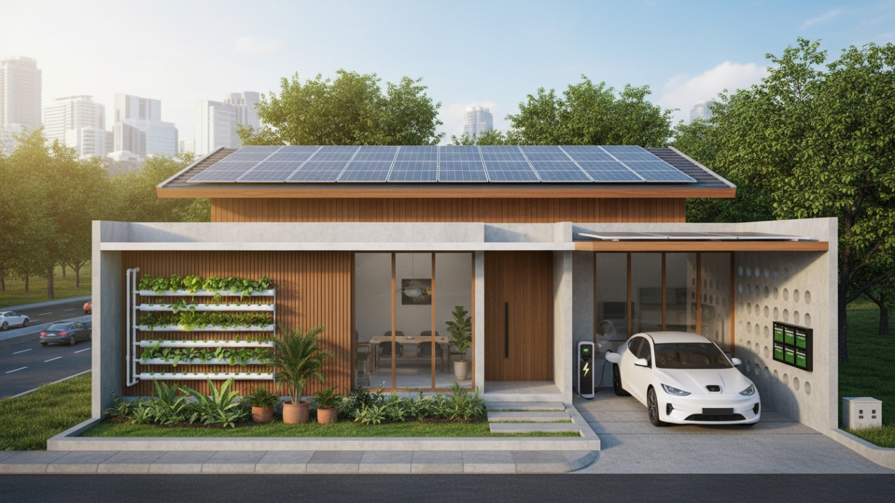 Rumah minimalis net-zero dengan panel surya menyatu desain atap modern, dan tanaman pangan hidropinik