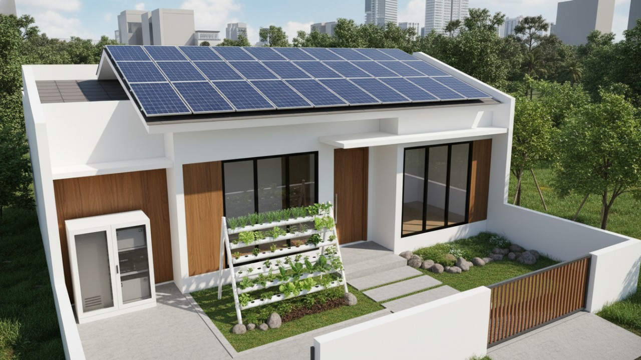 Desain fasad rumah minimalis net-zero yang bersih dan efisien energi