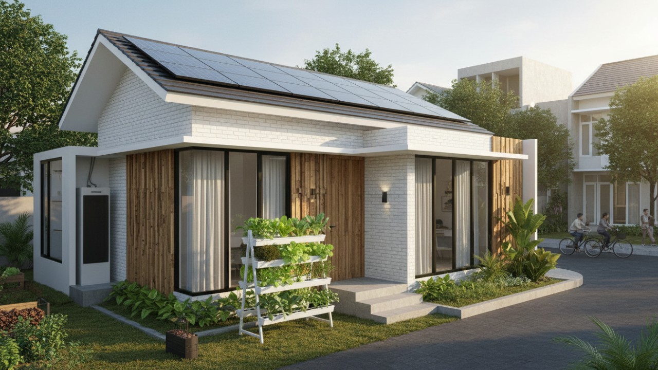 Hunian net-zero modern, rumah minimalis net-zero yang bersih dan efisien energi, Tanaman pangan hidroponik