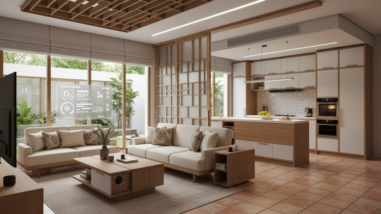 Interior rumah dengan furnitur lipat dan partisi geser multifungsi.