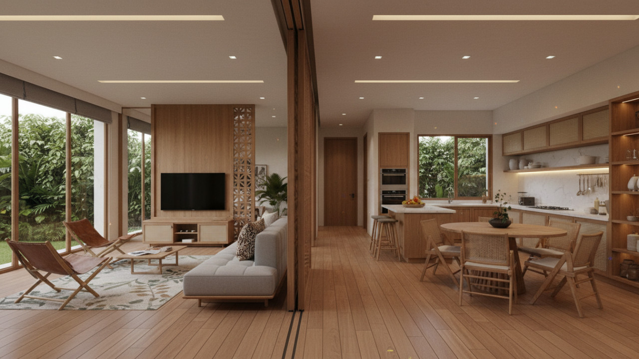 Rumah minimalis adaptif dengan ruang fleksibel dan pencahayaan pintar yang mendukung gaya hidup modern.