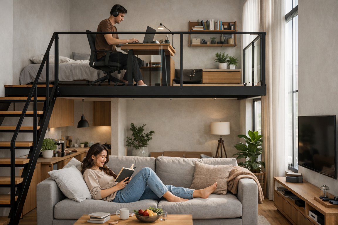 Mezzanine menghadirkan gaya hidup modern yang fleksibel, menghubungkan area kerja dan ruang santai dalam satu ruang terbuka yang terang, sederhana, dan tetap terasa nyaman.