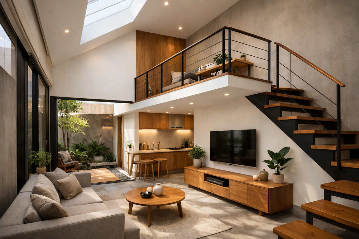 Rumah 1 lantai dengan mezzanine ini terasa lapang berkat void tinggi dan cahaya alami, menghadirkan ruang yang hangat, rapi, dan matang di lahan terbatas.