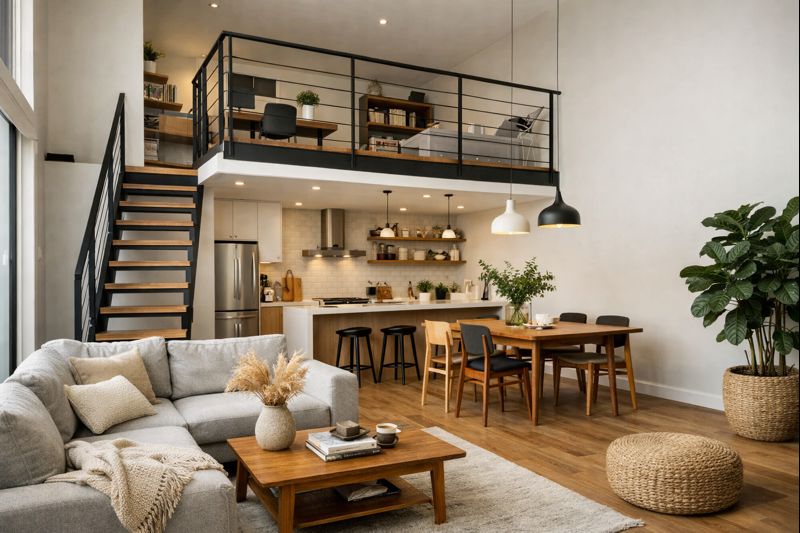 Rumah mezzanine menjadikan lantai 1 sebagai pusat aktivitas dengan ruang terbuka, sementara mezzanine berperan sebagai area pendukung agar rumah tetap lega dan praktis.