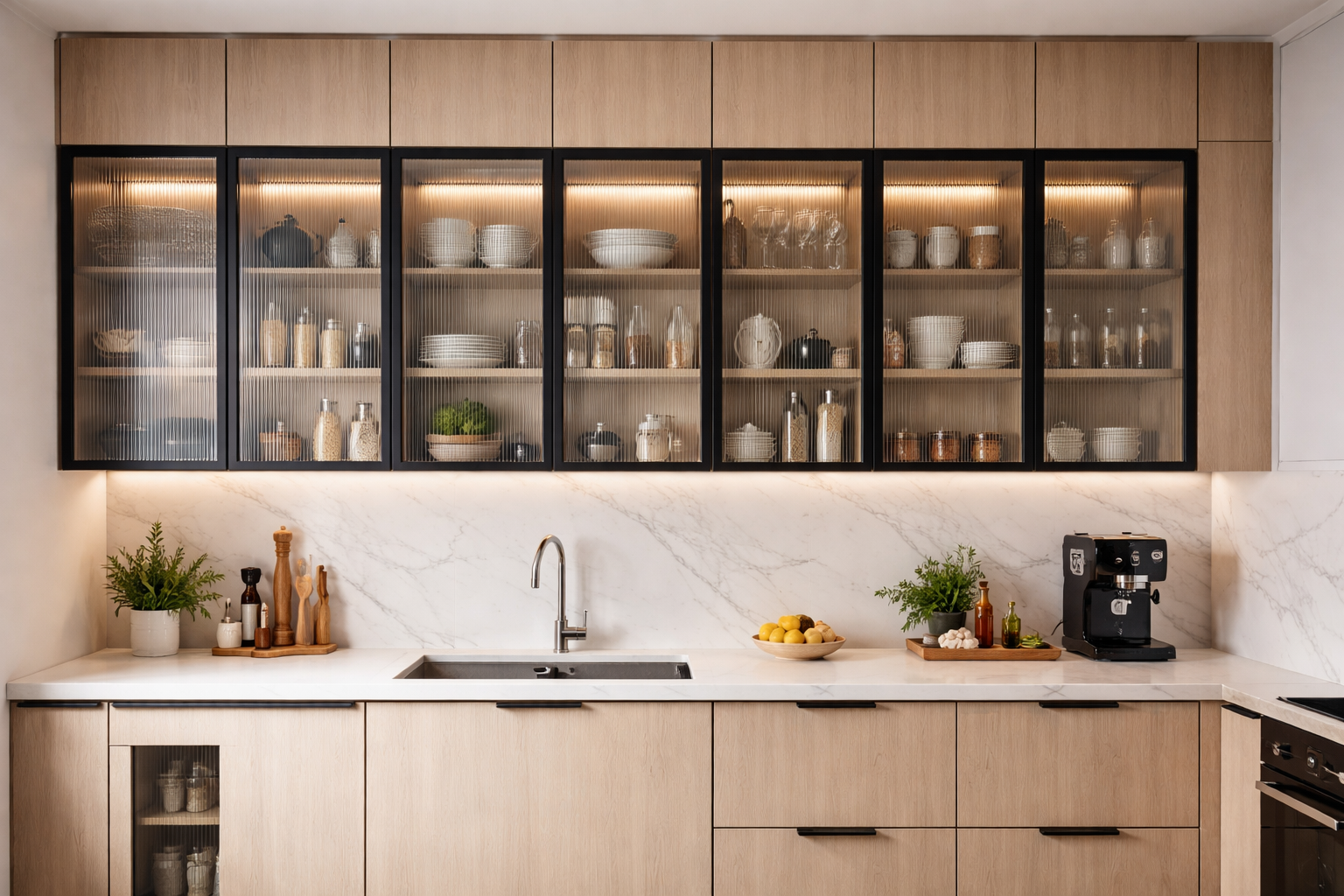 Lemari dapur minimalis semi terbuka menggunakan fluted glass modern.