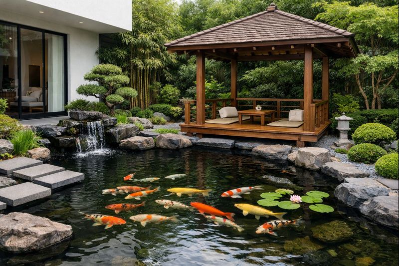 Kolam ikan gaya Jepang dengan gazebo kayu dan tanaman hijau.