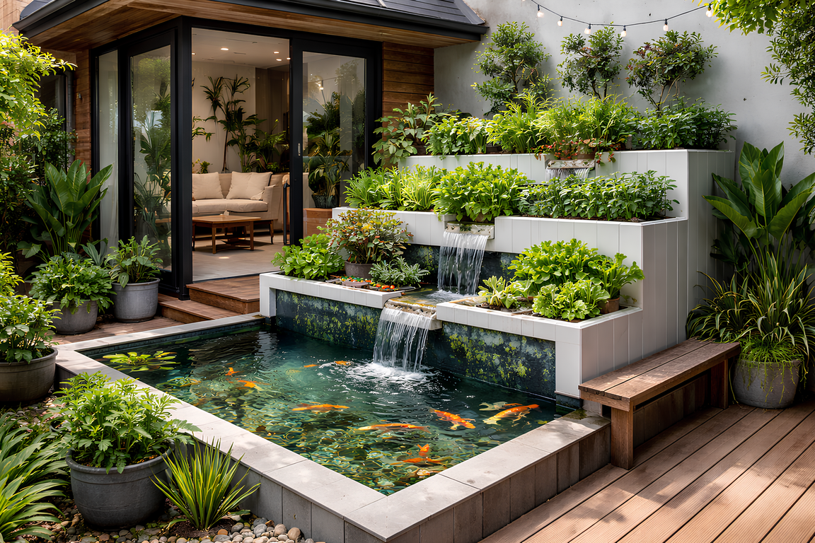 Kolam ikan akuaponik minimalis menyatu dengan rumah urban sebagai elemen estetik dan produktif.