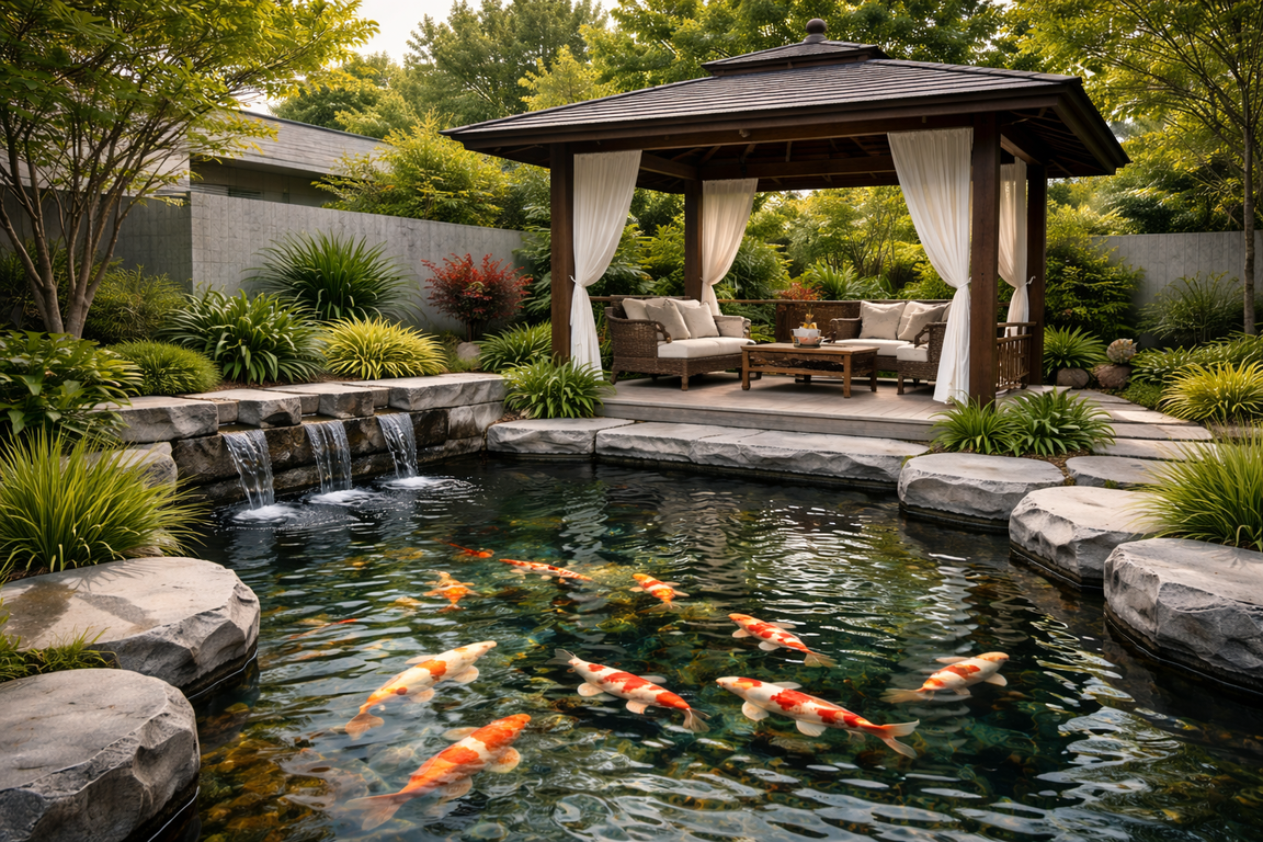 Kolam ikan koi dengan gazebo sebagai area menikmati keindahan ikan.