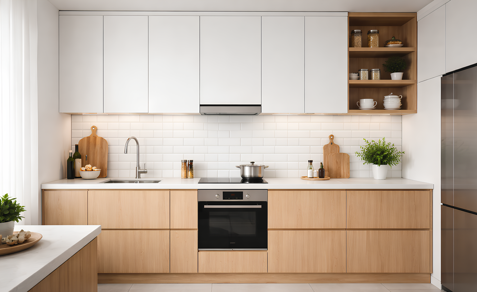 Tampilan lemari dapur minimalis modern dengan desain sederhana dan fungsional.