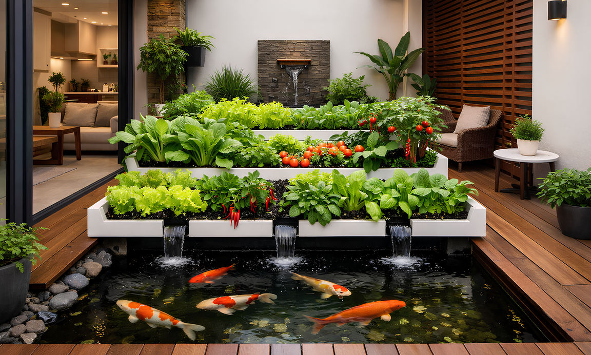 Kolam ikan akuaponik minimalis menyatu dengan ruang rumah modern yang tenang dan rapi.