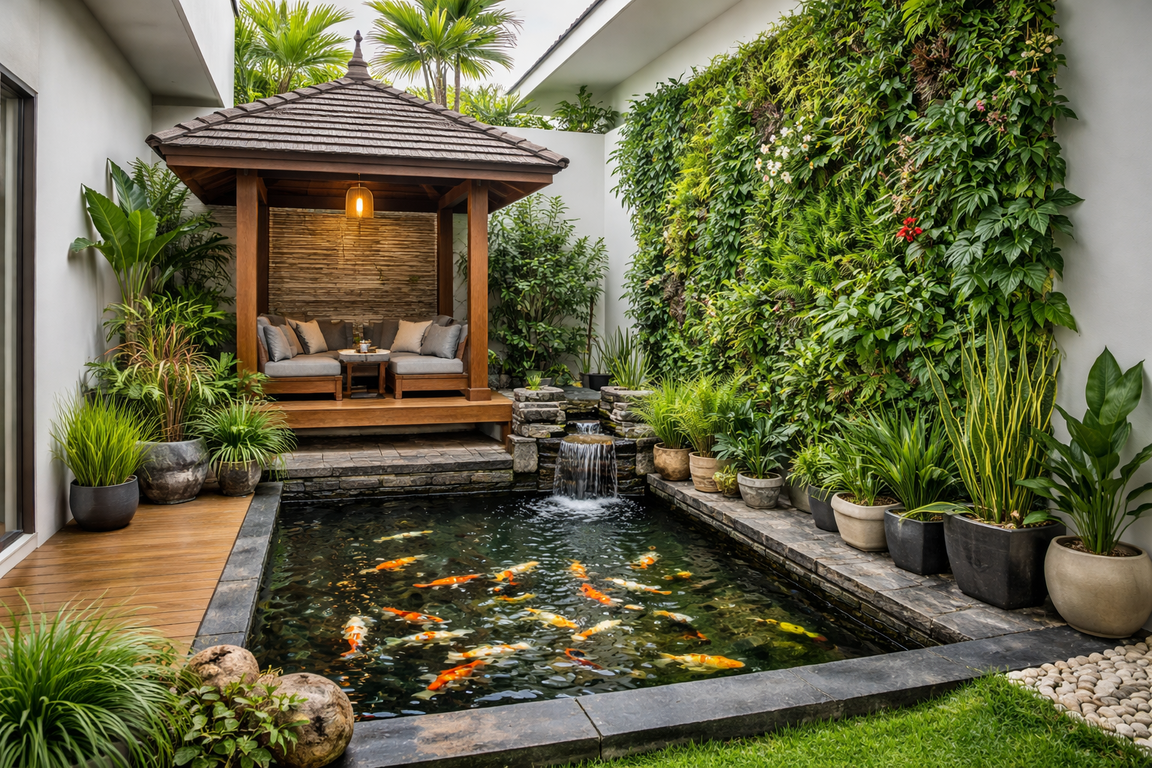 Kolam ikan lahan sempit dengan gazebo kecil dan vertical garden.