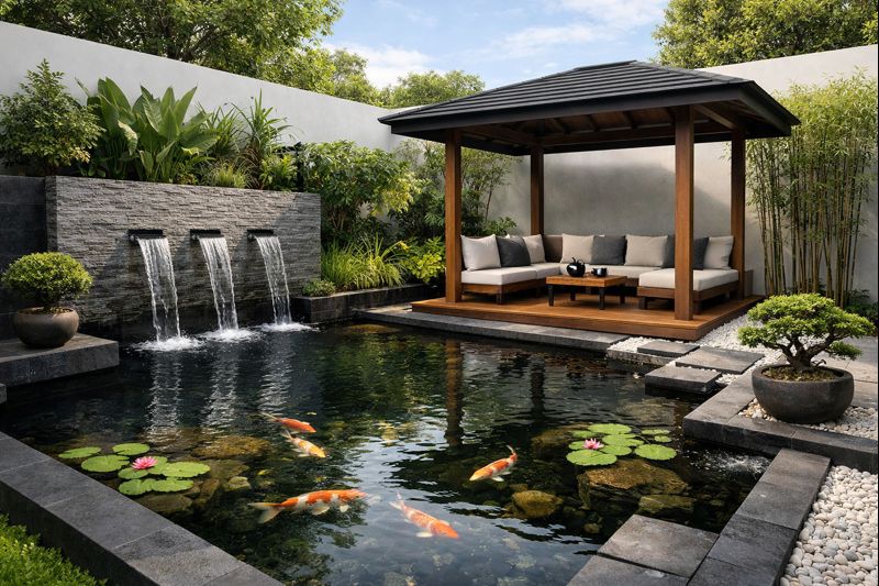 Model kolam ikan minimalis modern dengan gazebo sederhana.
