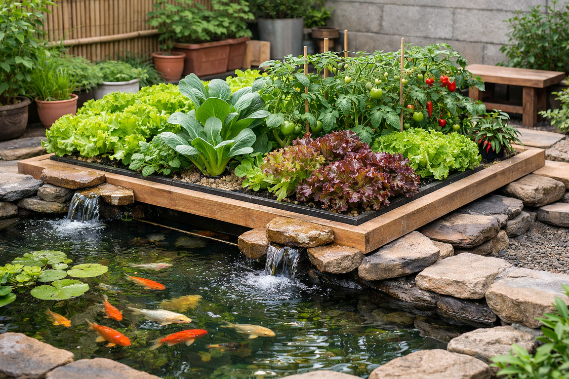 Kolam ikan akuaponik minimalis dengan desain rendah dan natural.