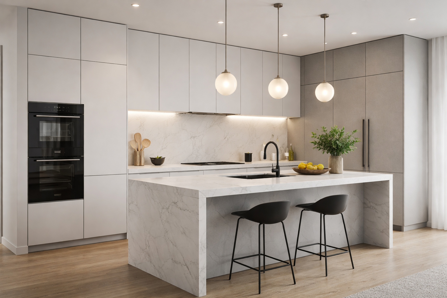 Lemari dapur minimalis bernuansa monokrom dengan kitchen island dan pencahayaan lembut.
