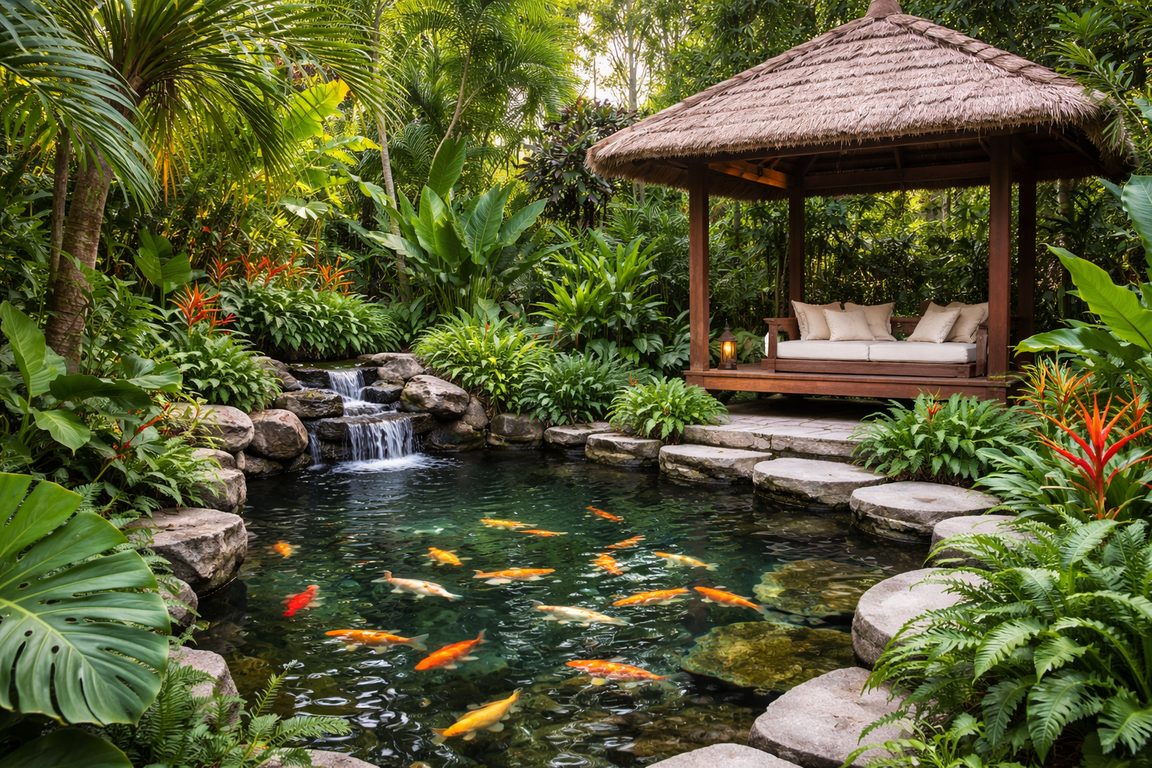 Kolam ikan tropis dikelilingi tanaman lebat dan gazebo alami.