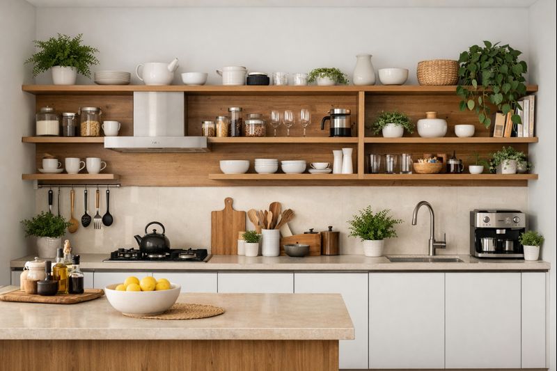 Lemari dapur minimalis konsep terbuka dengan aksen kayu dan tanaman hias.