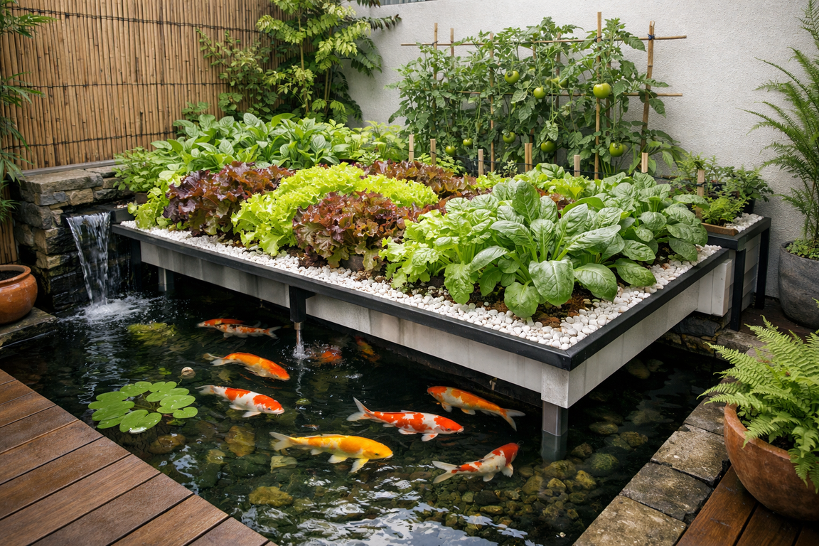 Kolam ikan akuaponik minimalis sebagai elemen visual yang menenangkan ruang.