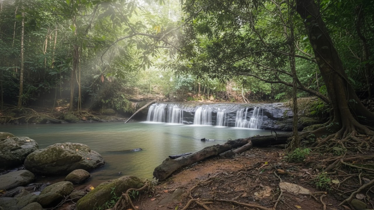 Sungai jernih Gong Pew River dengan latar hutan tropis yang masih alami.