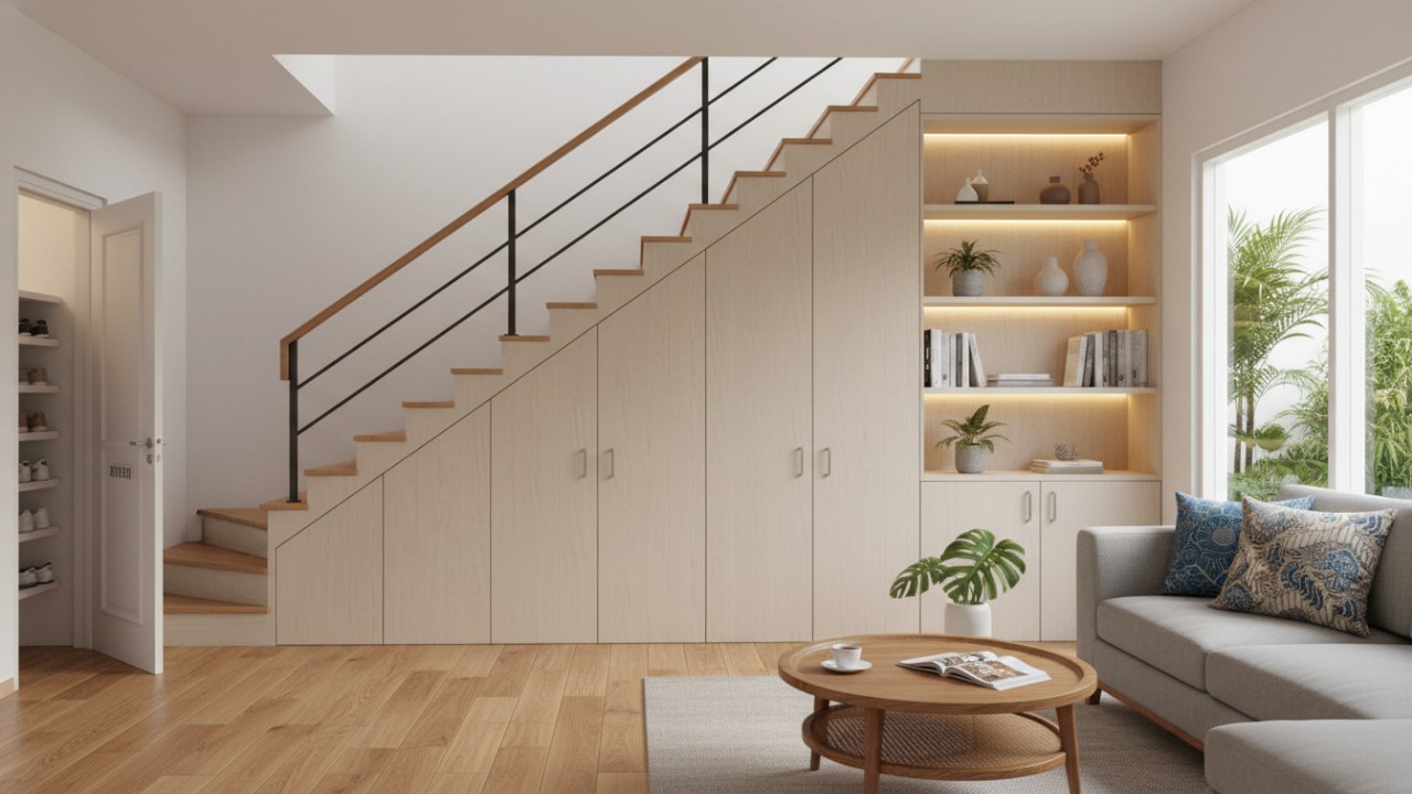 Rak bawah tangga tertutup menyatu dengan desain interior