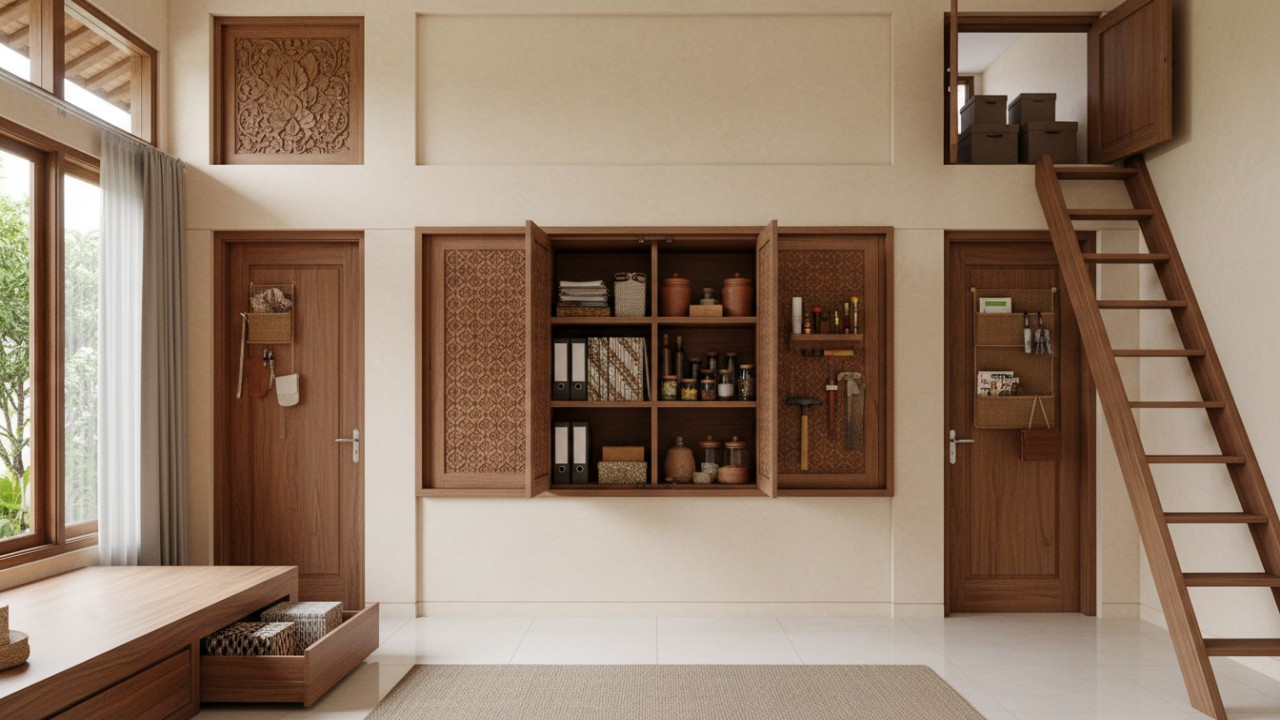 Lemari dinding built-in dengan panel netral