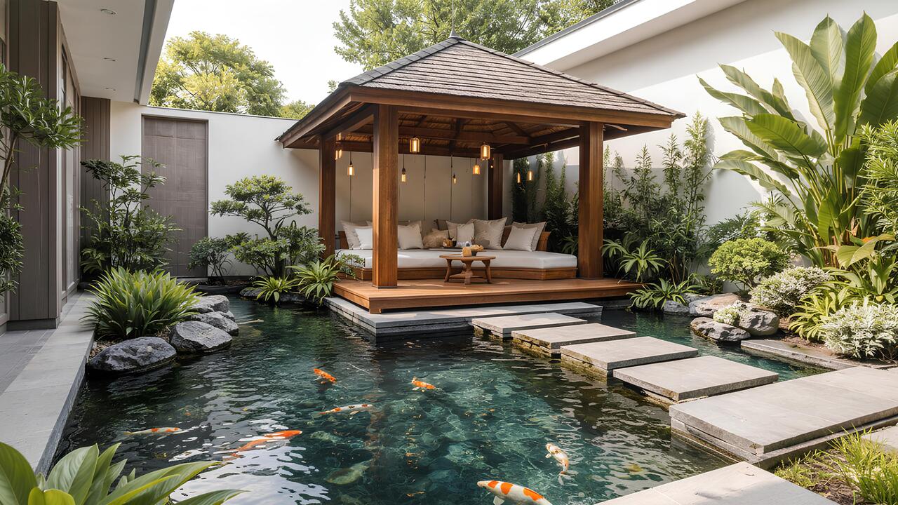 Kolam ikan dengan gazebo sebagai elemen estetik dan ruang santai rumah.