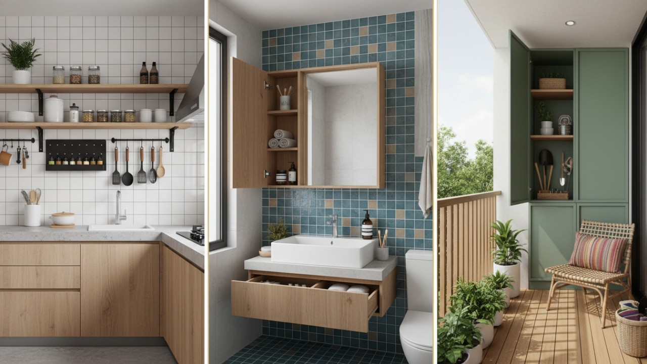 Gudang vertikal dapur dengan rak gantung modern,Kabinet tersembunyi kamar mandi di balik cermin,Penyimpanan rapi di balkon kecil rumah
