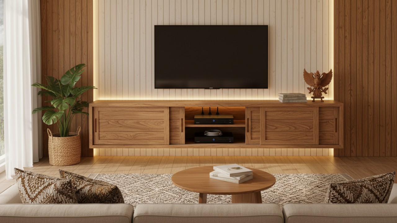 Rak TV pintu geser dengan tampilan bersih dan rapi,Rak TV kayu minimalis bernuansa hangat dan natural,Rak TV dengan pencahayaan LED terintegrasi modern