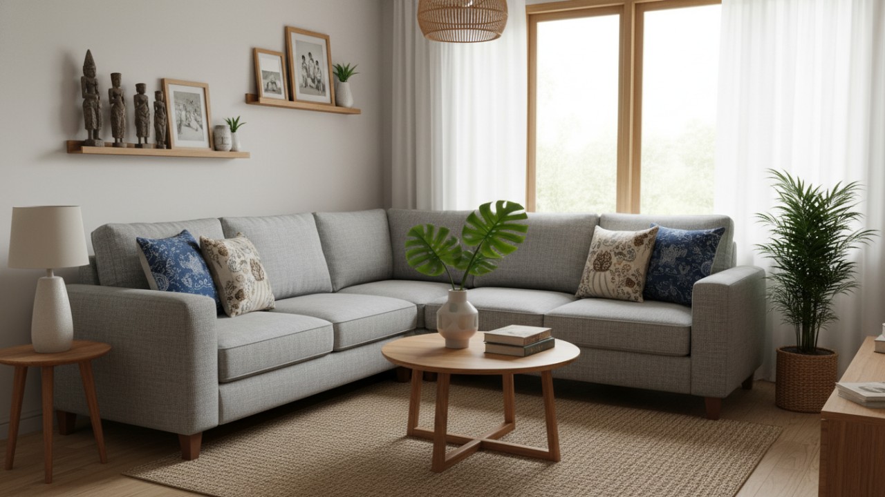 Ruang tamu kecil dengan sofa minimalis berwarna netral sebagai pusat aktivitas
