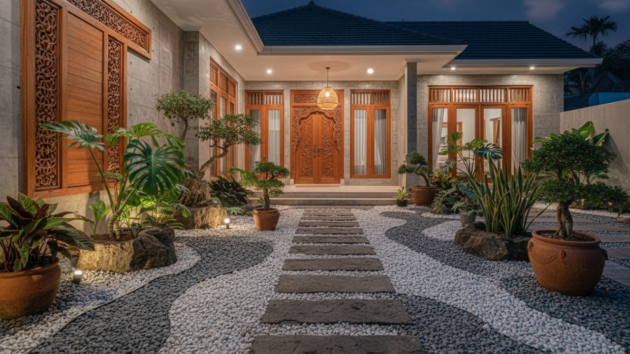 Taman kering halaman rumah modern dengan batu koral dan pencahayaan artistik.