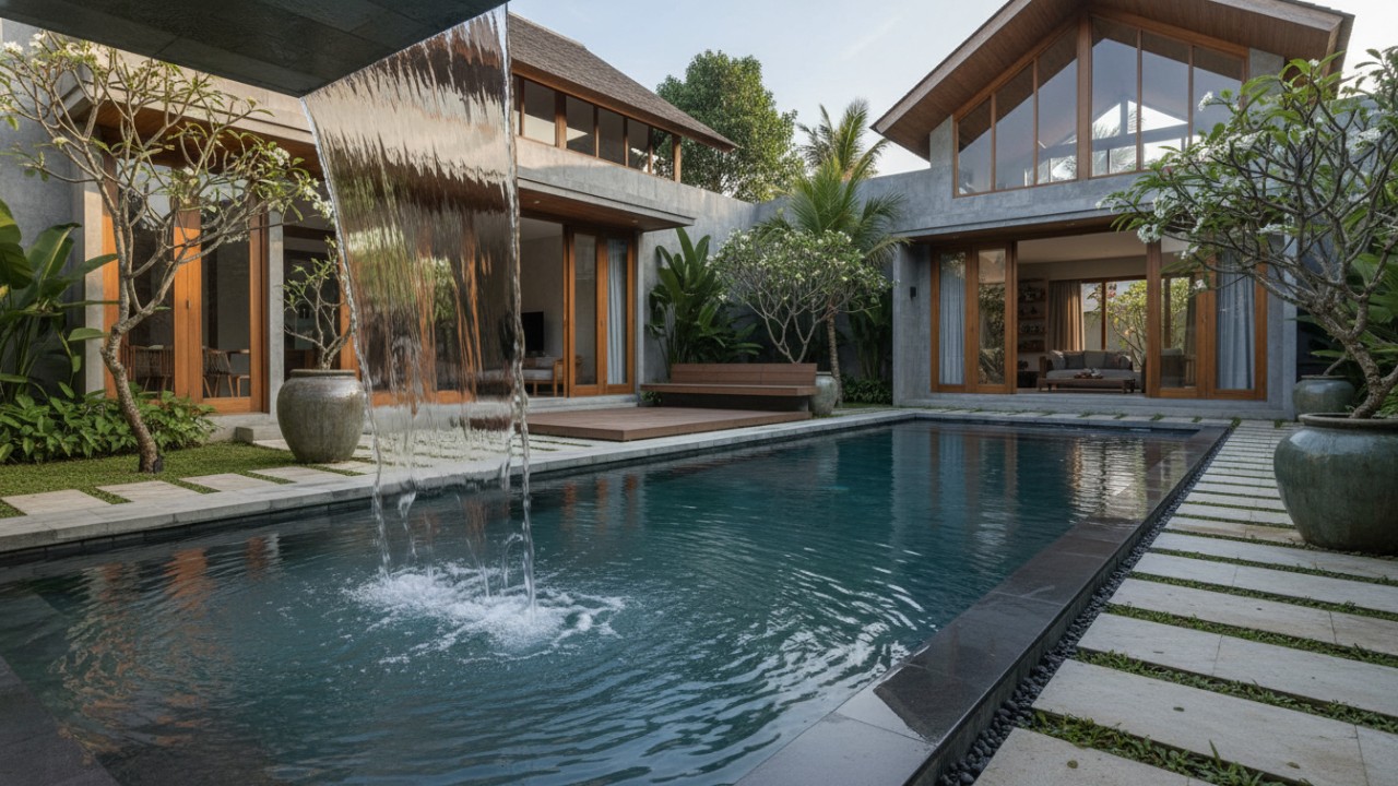 Kolam minimalis elegan dengan sentuhan air terjun kaca