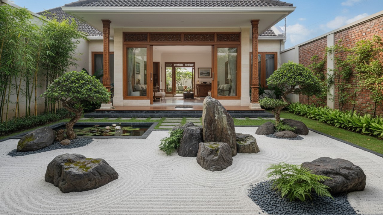 Taman zen minimalis dengan pasir putih dan batu alam
