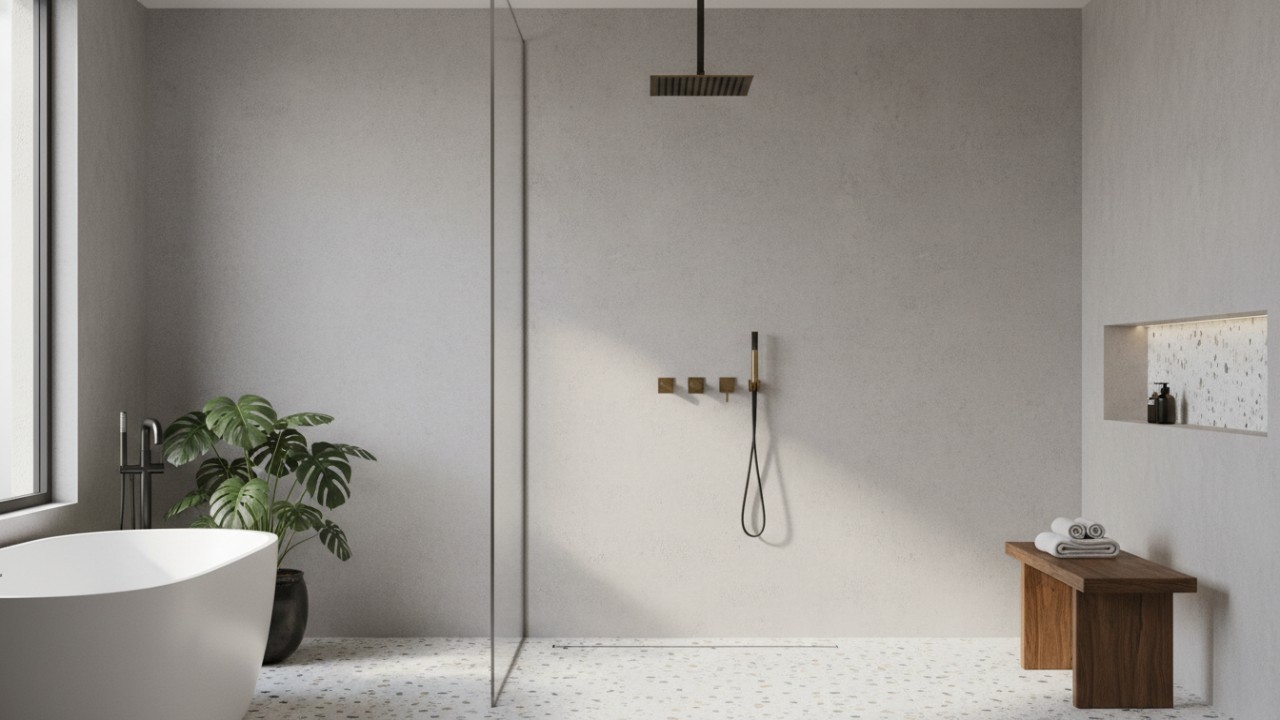 Tampilan shower kamar mandi modern dengan desain minimalis.