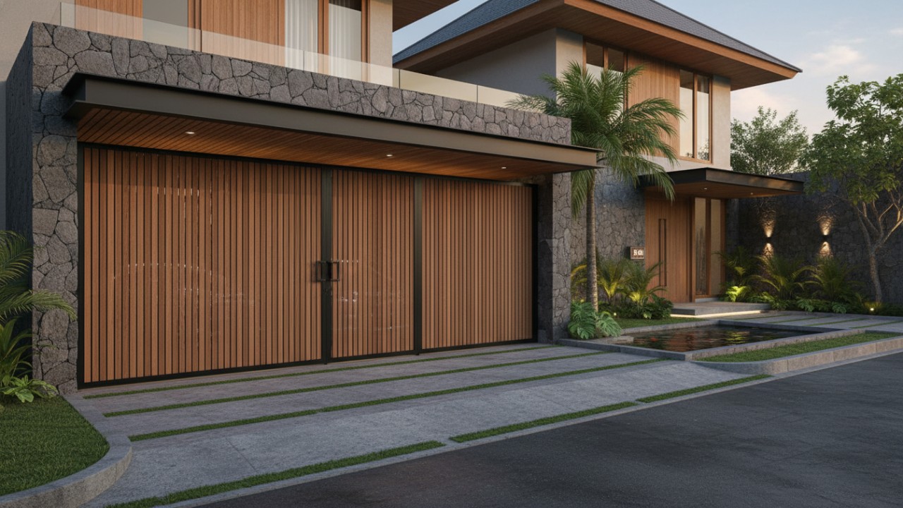Tampilan tiga model garasi mobil tertutup yang menyatu dengan desain rumah modern.