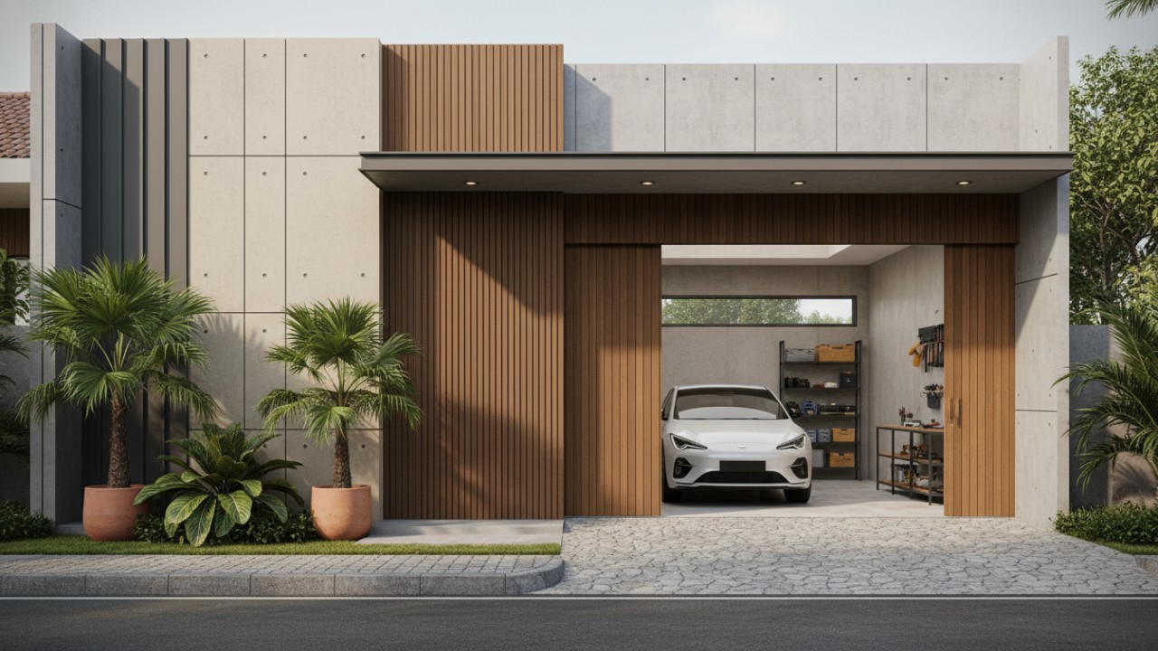 Garasi mobil tertutup minimalis dengan garis tegas dan warna netral.