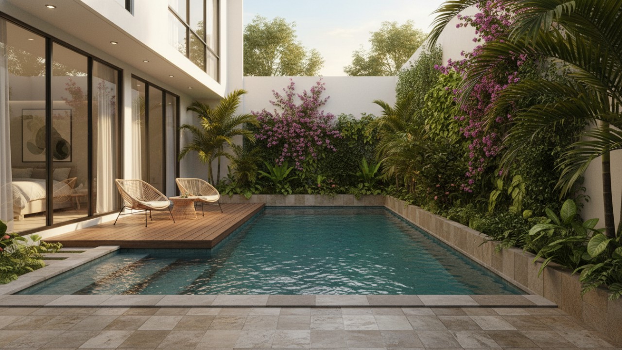 Kolam renang minimalis di lahan sempit dengan desain modern.