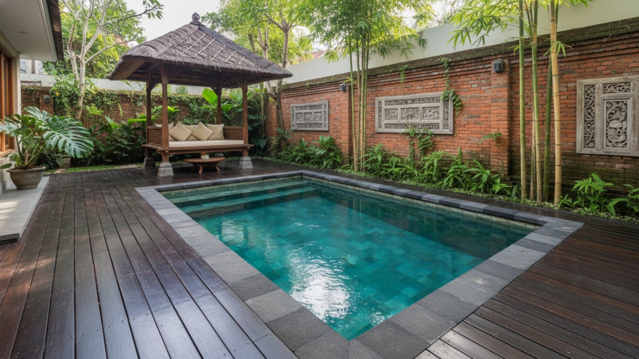Kolam kecil klasik berbentuk kotak di belakang rumah.