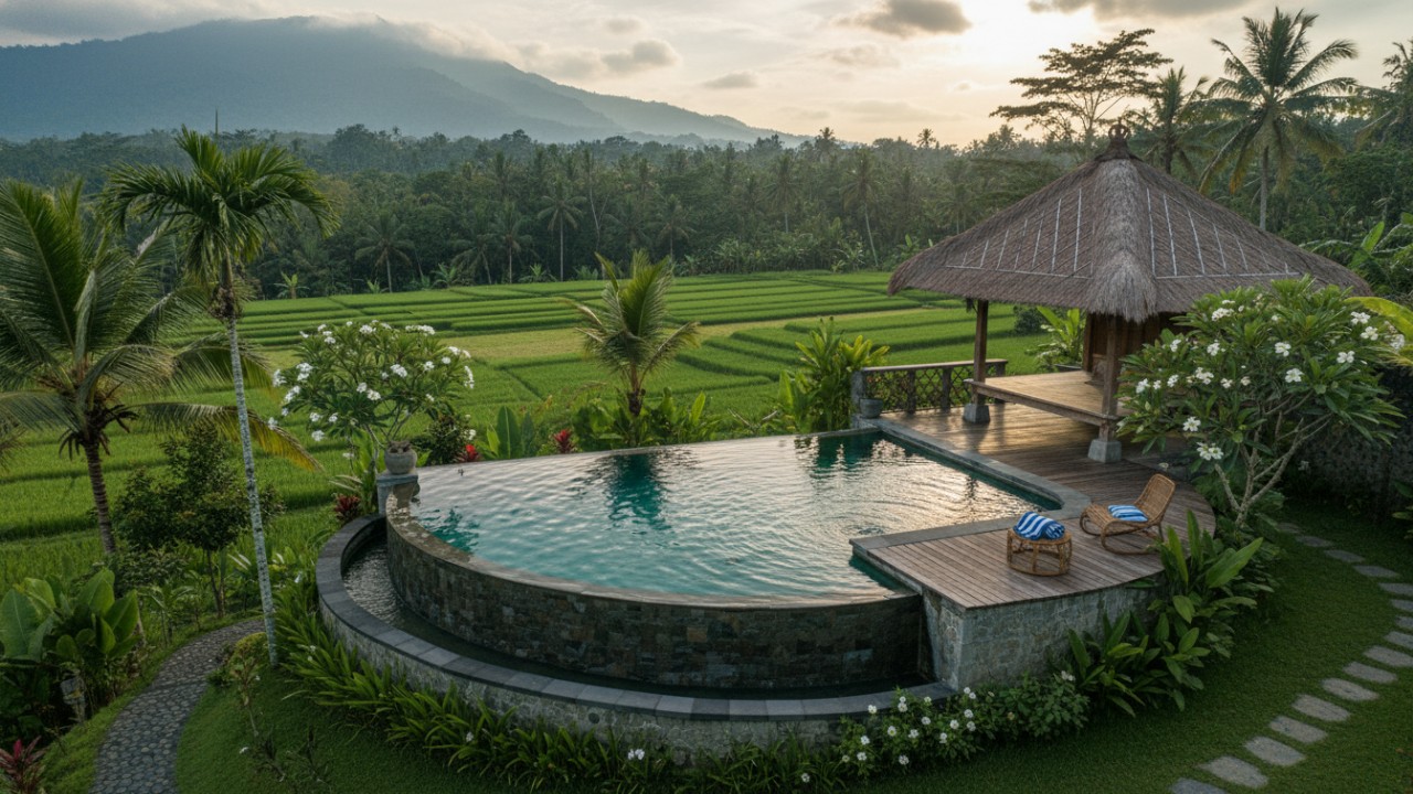 Kolam setengah lingkaran dengan ornamen batu koral.