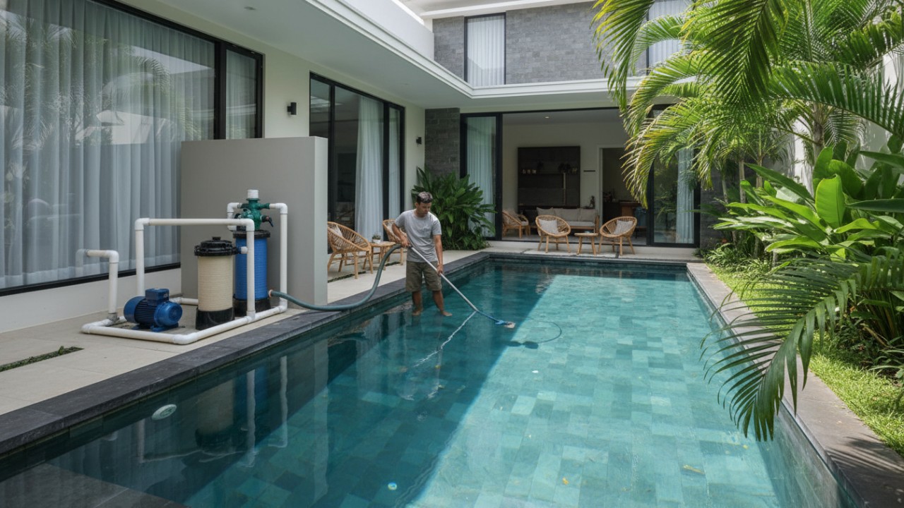 kolam lagi dibersihkan memakai alat khusus pembersih kolam