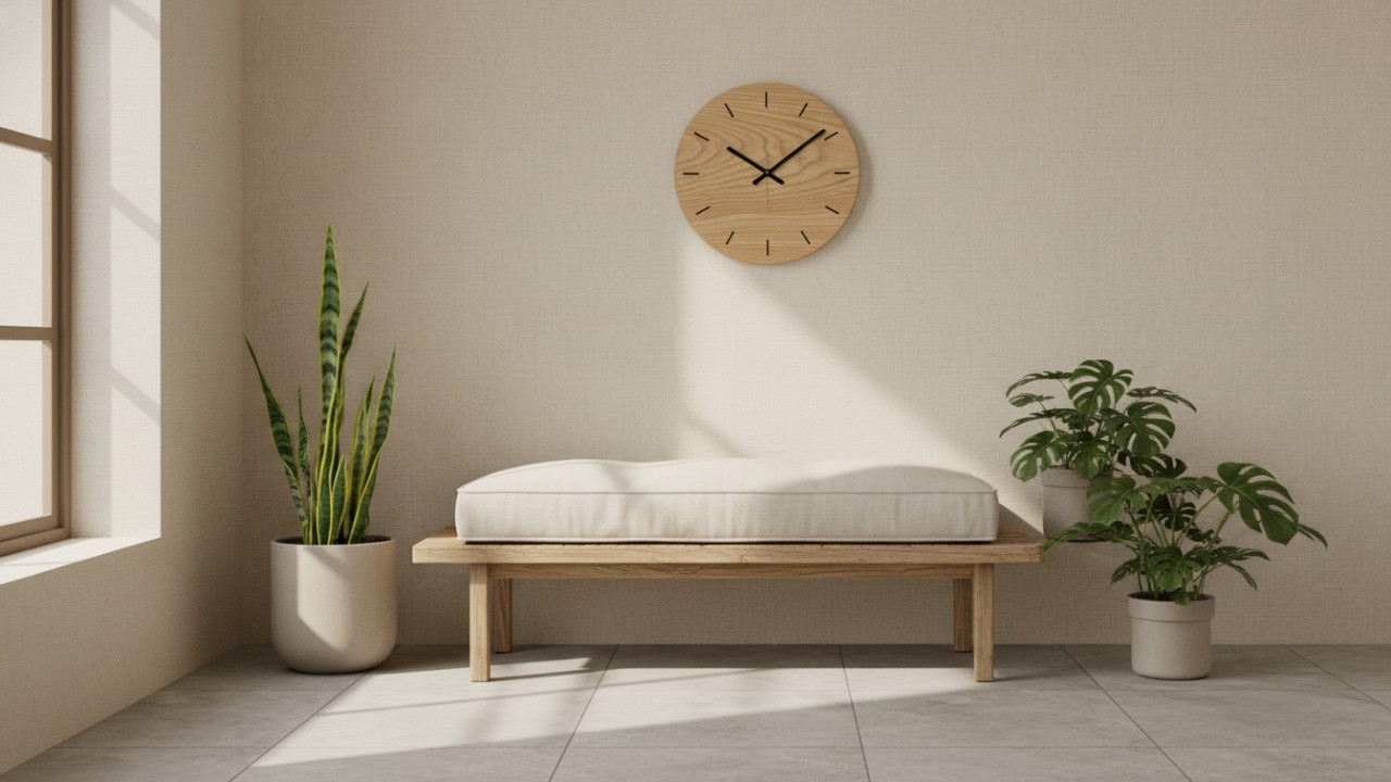 Jam dinding kayu bernuansa natural untuk interior Japandi.