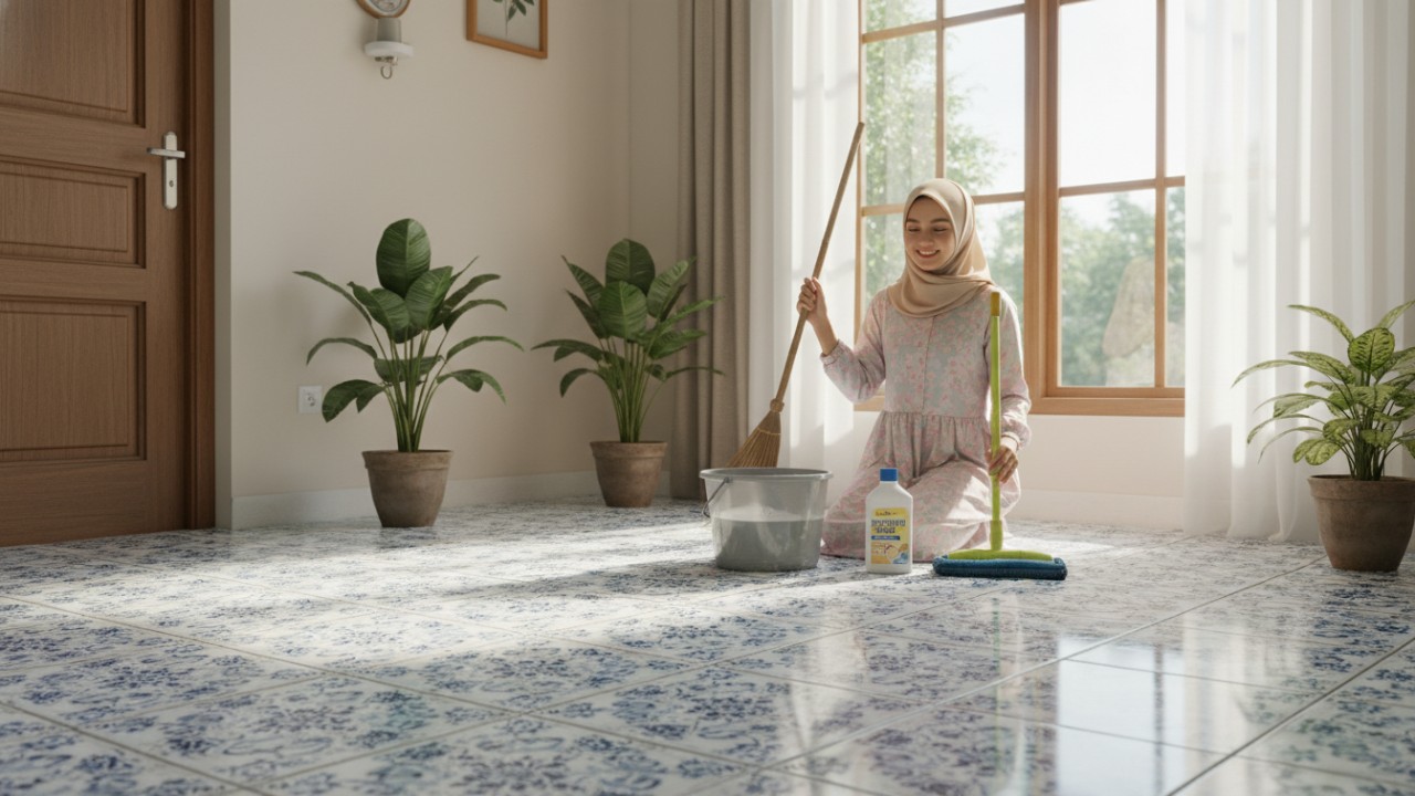Gambaran lantai keramik bersih dan mengkilap sebagai hasil perawatan rutin di rumah.