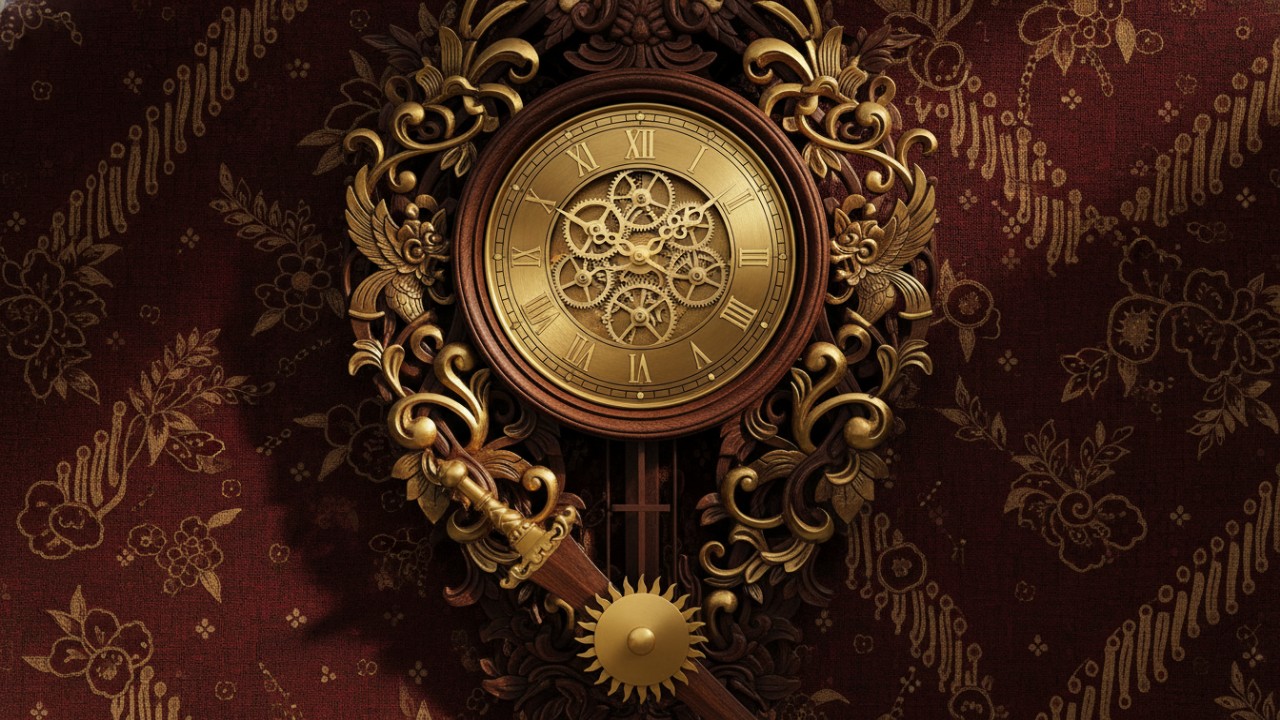 Jam dinding klasik dengan detail gir dan ornamen elegan.
