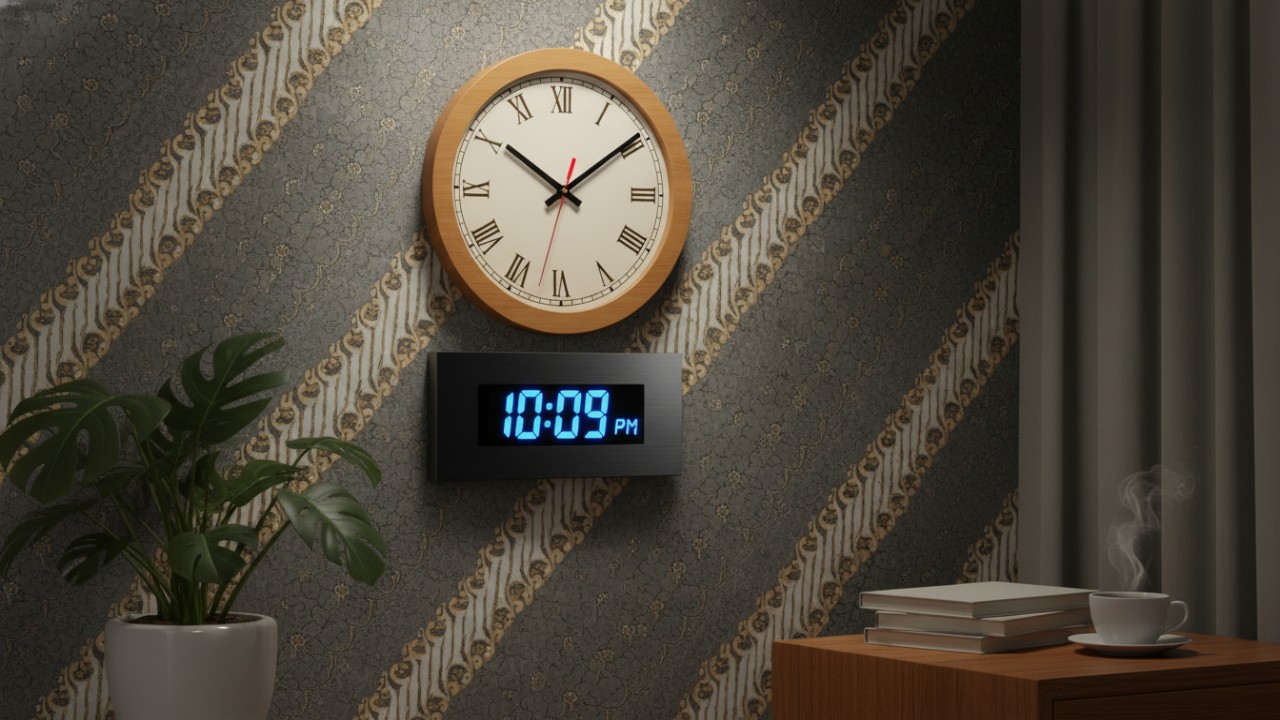 Jam dinding modern digital LED untuk ruang kerja.