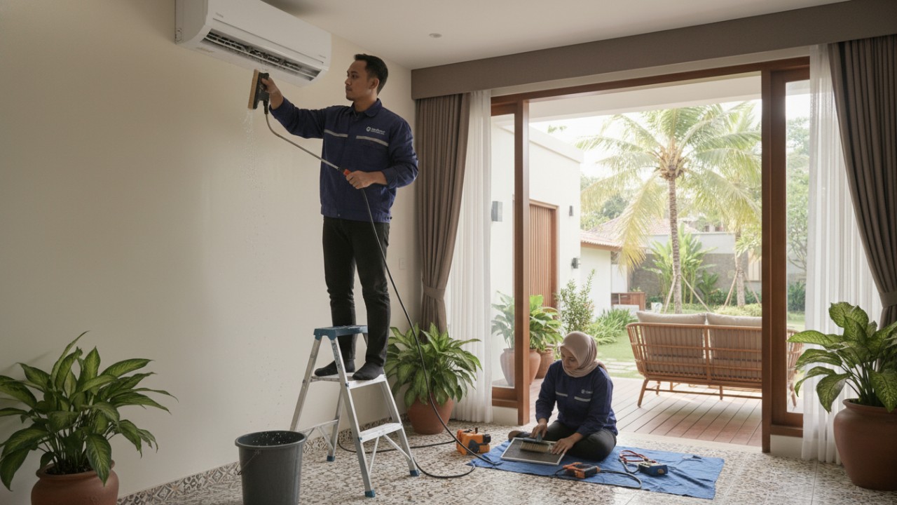 Gambaran aktivitas perawatan AC rumah untuk menjaga kinerja optimal dan efisiensi energi.