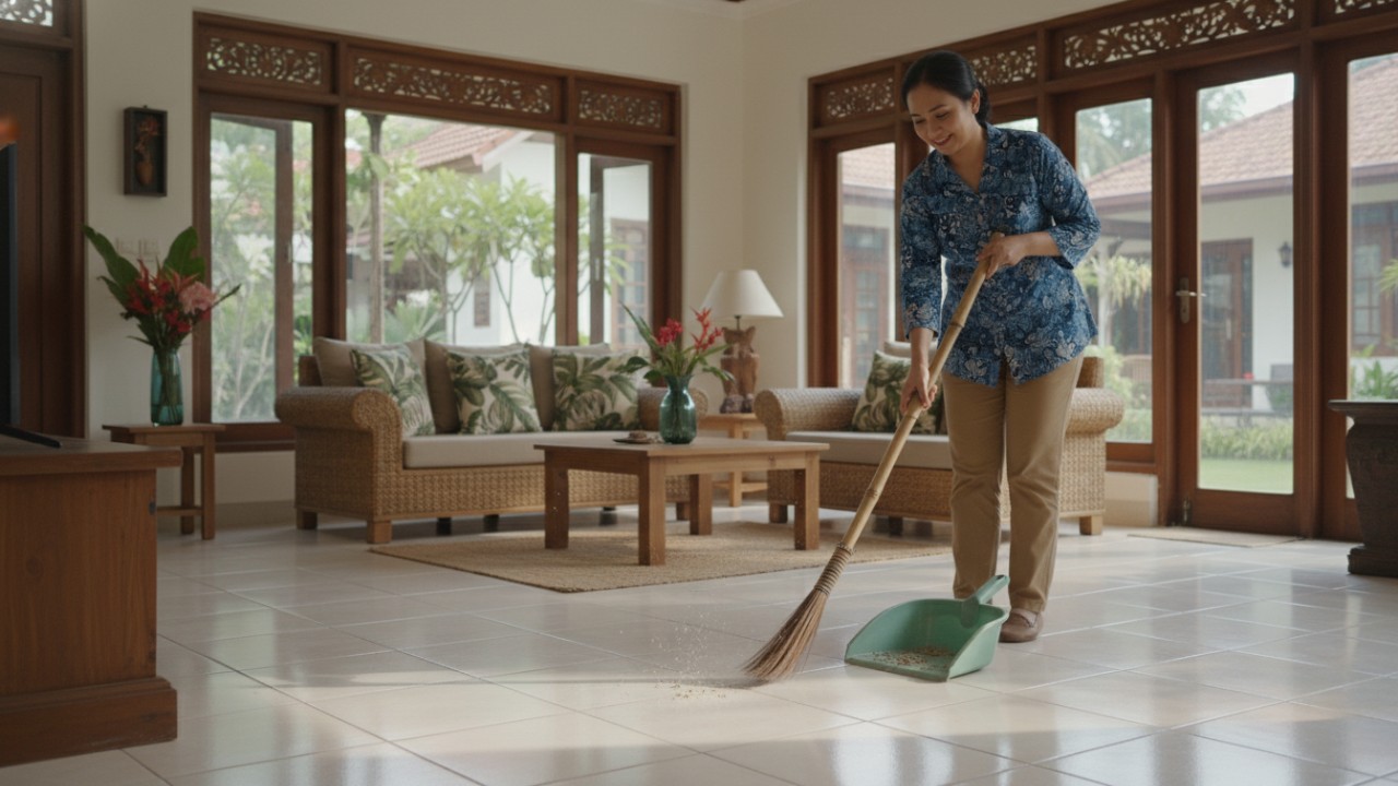 Aktivitas menyapu lantai keramik di pagi hari.