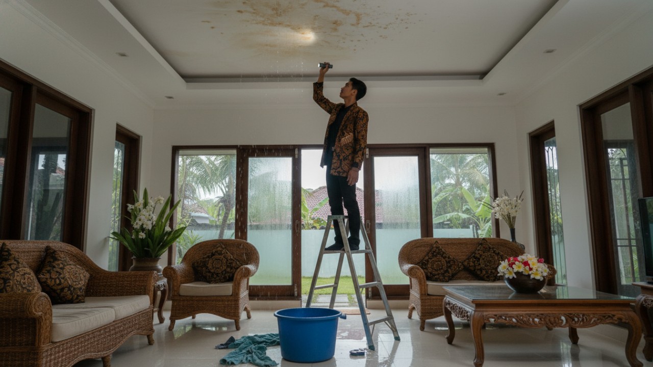 Pemeriksaan noda air pada plafon setelah hujan.